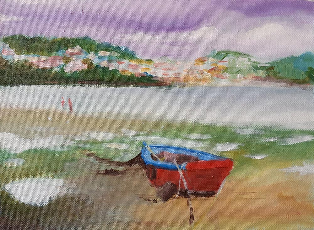 painting of a rowing boat on a beach, with the sea and hills in the background